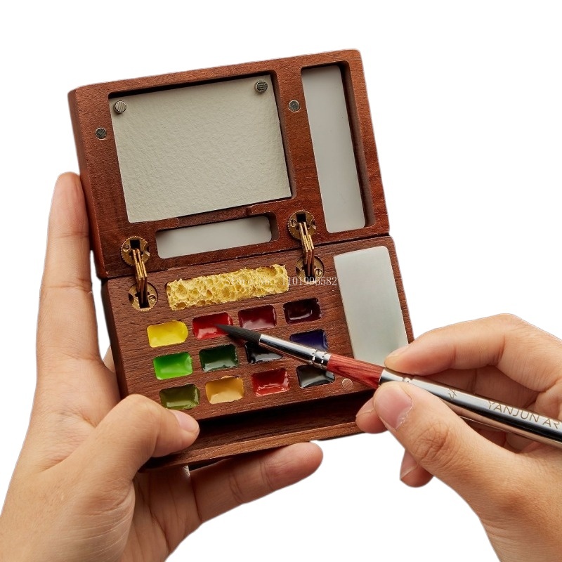 Gouache Paint Set - Kotak Lukis Portabel Kayu Solid, Palet